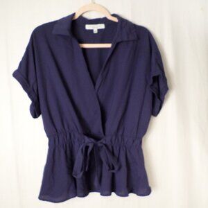 Sweet Rain Beautiful Tie Waist, V Neck Navy Blue Blouse Womens Sz Large
